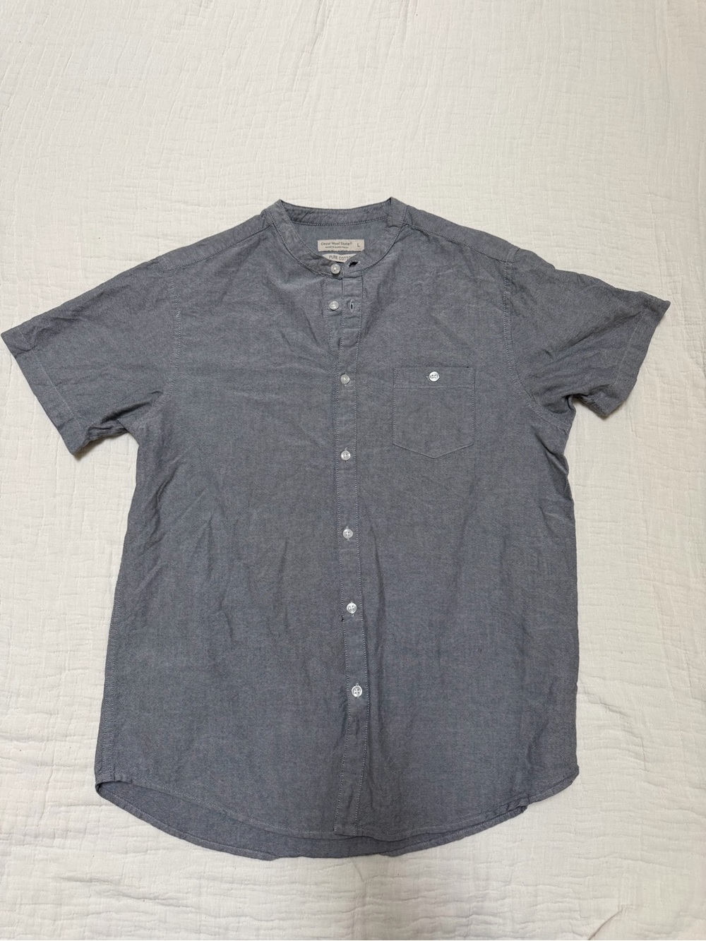 Men's Short-Sleeve Grey Button-Up Collarless Shirt